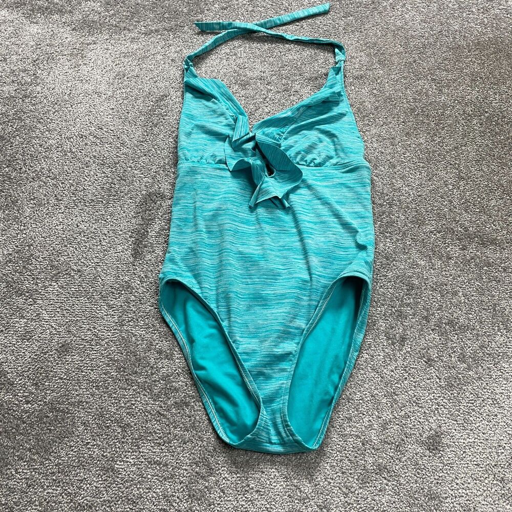 Mossimo Swimsuit Women Large Blue Halter One Piece Backless Ruffles Bathing Suit